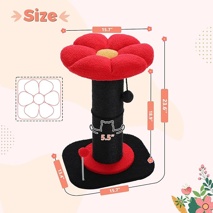 PEQULTI Flower Cat Scratching Post, Gothic Cat Tree, Tall Scratcher for Indoor Cats with Super Thick Scratching Post [Dia=5.5''], Removable Flower Bed, Cat Scratch Post with Spring Ball, Black