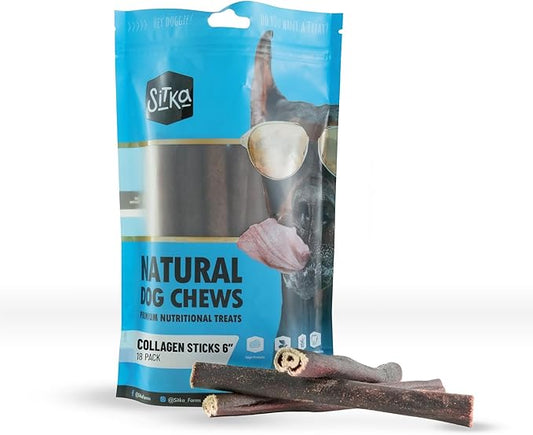 Sitka Farms Collagen Stick for Dogs 6 Inch - 18 Count - Collagen Chews for Dogs - Grain-Free Long Lasting Alternative to Rawhide & Bully Stick Chews - Low Odor, Single Ingredient