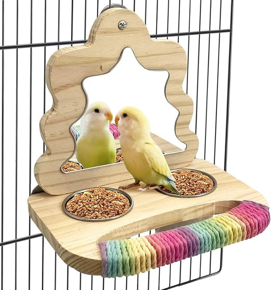 Tfwadmx Bird Parrot Wooden Feeding Cups Small Bird Feeding Dish Cups Stainless Steel Birds Bowls Food Water Bowls with Food Holder for Cockatiel Lovebirds Parakeet Macaw Finches