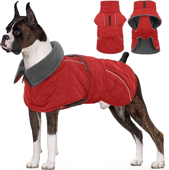 Kuoser Extra Warm Dog Jacket, Windproof Dog Coat Cold Weather Clothes with Fleece Lining for Large Dogs, Turtleneck Pet Snowsuit Reflective Adjustable Winter Clothes, Red XL
