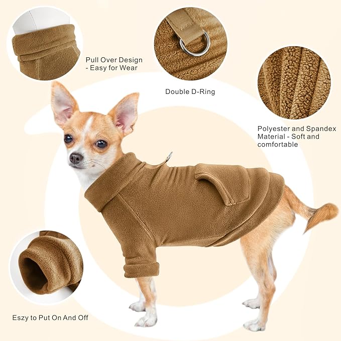 Idepet Fleece Dog Sweater 2 Pack, Winter Pet Clothes Turtleneck Sweatshirt with Leash Ring, Stretchy Small Dog & Cat Coat with Pocket (Khaki+Brown, Medium)