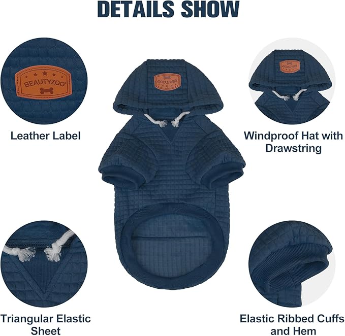 BEAUTYZOO Small Dog Hoodie Sweater with Pockets, Dog Clothes for Small Medium Dogs Boy Girl, Waffle-Like Laminated Cotton Pet Coats with Hat and Leash Hole, Navy Blue S