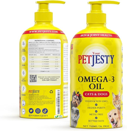 PetJesty Pure Omega 3 Oil for Dogs & Cats 26.39oz - Omega 3 Skin & Coat Support- Liquid Food Supplement for Pets - Vegan pet + DHA for Joint Function, Immune & Heart Health, Non Fish Oil Dog and Cat