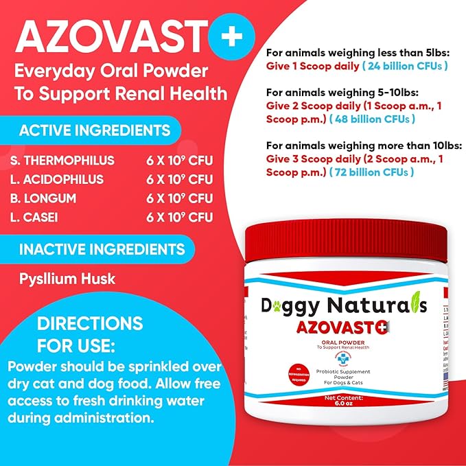 Azovast Plus Kidney Health Supplement for Dogs & Cats, Oral Powder (12 Oz) - (240 Doses/ 2 Jar) NO Refrigeration Required - Help Support Kidney Function & Manage Renal Toxins(U.S.A)(12 Oz (2 Pack))