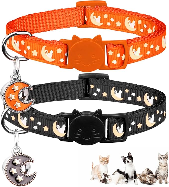 2Pcs Breakaway Cats Collars Cat Collars for Boy & Girl Cats Adjustable Kitten Collars with Bell,Black+Tangerine,8"-13.1"