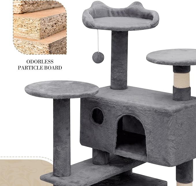 Athena Collection Modern Cat Tree Tower, 54 Inch Tall Cat Tree Climbing Tower with Scratching Post 2 Condo Multi-Level Activity Center and Playing Ball for Indoor Large Adult, Grey