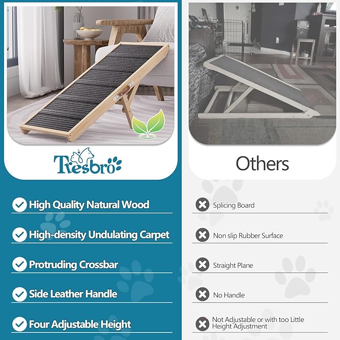 Tresbro Dog Ramp for Couch, 40'' Long Dog Ramps with Adjustable 11'' to 20.47'' Height, Portable Dog Ramp with Anti-Slip Carpet & Carrying Handle Holds up to 100LBS for Small Dogs to Get on Sofa