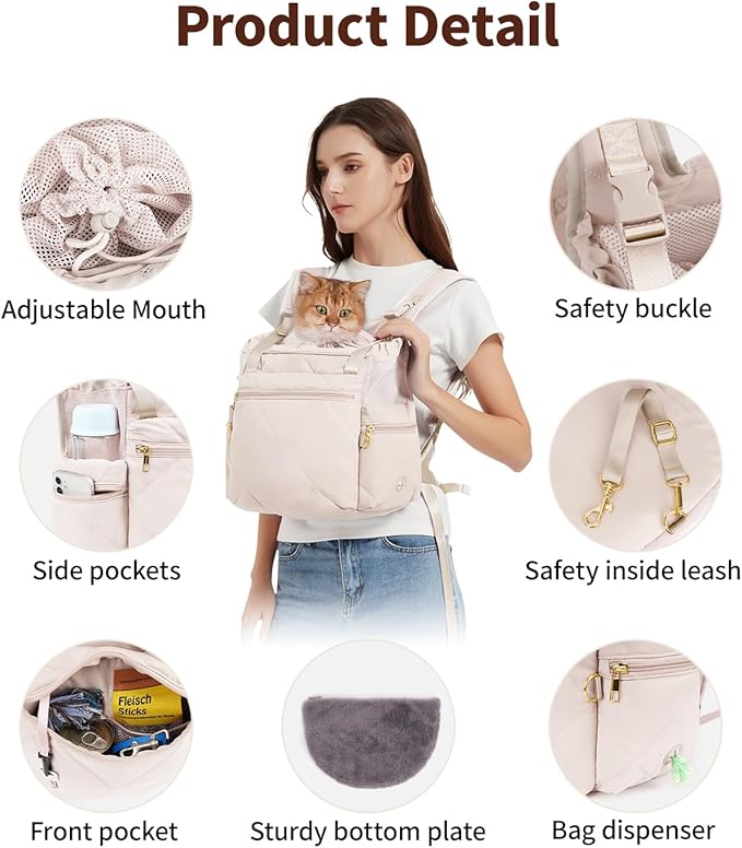 OFY Cat Carrier Puffy Backpack Breathable Small Dog Front Backpack Large Space for Small Dogs, Drawstring & Water-Resisant Pet Bag for Travel Hiking, Beige Gray Patent Pending