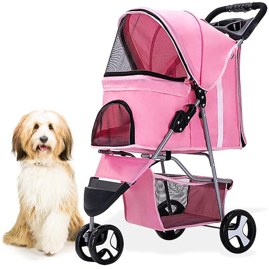 Critter Sitters 3-Wheel Jogging Dog Stroller with Storage Basket and Cup Holders, Modern and Stylish Pet Stroller for Medium Sized Animals up to 33 Pounds, Pink