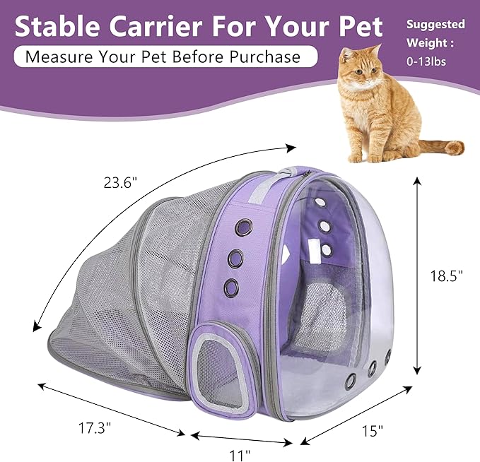 Cat Backpack Carrier Bubble Expandable Foldable Breathable Pet Carrier Dog Carrier Backpack for Large Big Cats Hiking, Travelling, Camping (Back Expandable-Purple)
