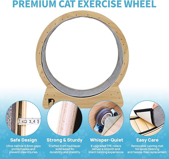 43 Inch Large Cat Exercise Wheel for Indoor Cats, Silent Treadmill, Non-Tip Design, Safe & Quiet Cat Running Wheel, Easy to Assemble, Supports Cats Up to 55 lbs (Natural Wood)