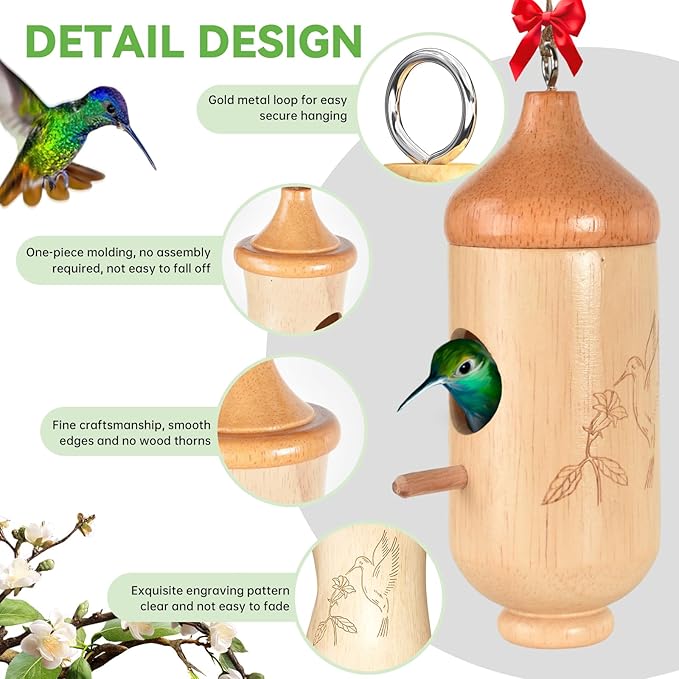 Hummingbird House, Solid Wood Hummingbird Houses for Outside-Exquisitely Handcrafted Birdhouse with Ribbon and String Hanging Kit, Durable Garden Decor, Perfect Gardening Gift (Style-D, 3 Pack)