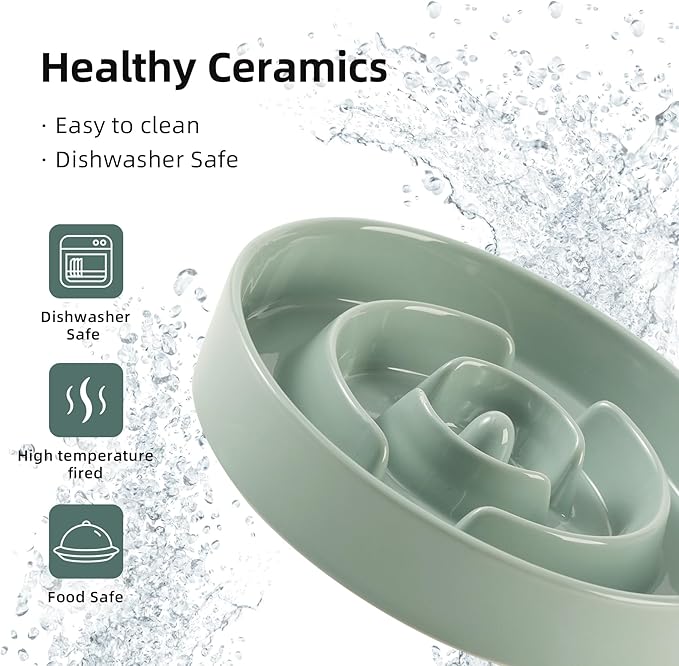 8.2inch Ceramic Raised Slow Feeder Dog Bowl Set, Elevated Wooden Stand for Large and Medium Dog, Puzzle Slow Dish, Anti-Gulping(Light Green, Single Bowl+ Stand)