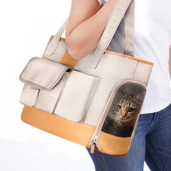 Dog Carrier, Cat Carrier, Pet Carrier, Foldable Waterproof Premium PU Leather Oxford Cloth Dog Purse, Portable Tote Bag Carrier for Small to Medium Cats and Small Dogs