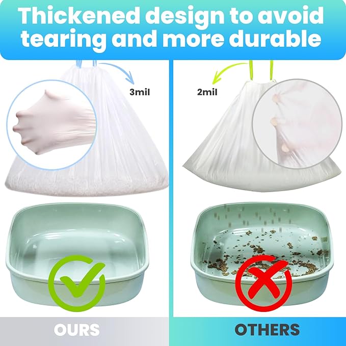 60 Pack Jumbo Cat Litter Bags - 3MIL Extra Thick Leakproof Litter Box Liners, 37"x18" Heavy Duty Drawstring Cat Litter Liners for Automatic Litter Box, Odor Control Disposable Kitty Litter Bags 6 Roll