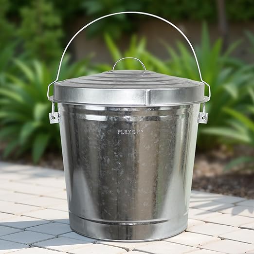 Plexon 10 Gallon Trash Can with Lid Outdoor Galvanized Metal Bucket with Locking Lid for Poultry Feed Bird Seed Storage Ash Garbage Trash Bin