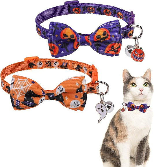 SCENEREAL Cat Collar Breakaway Halloween Theme 3 Pack, Safety Collars, Pet Accessory for Outdoor and House Cats Kittens, Orange Purple