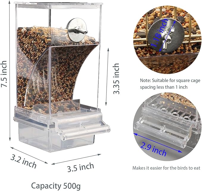 Automatic No Mess Bird Cage Feeder， 2Pack Acrylic Transparent Parrot Seed Feeders with Perch Parakeet Food Container Cage Accessories for Small and Medium Lovebirds Canary Cockatoo Cockatiel Finch