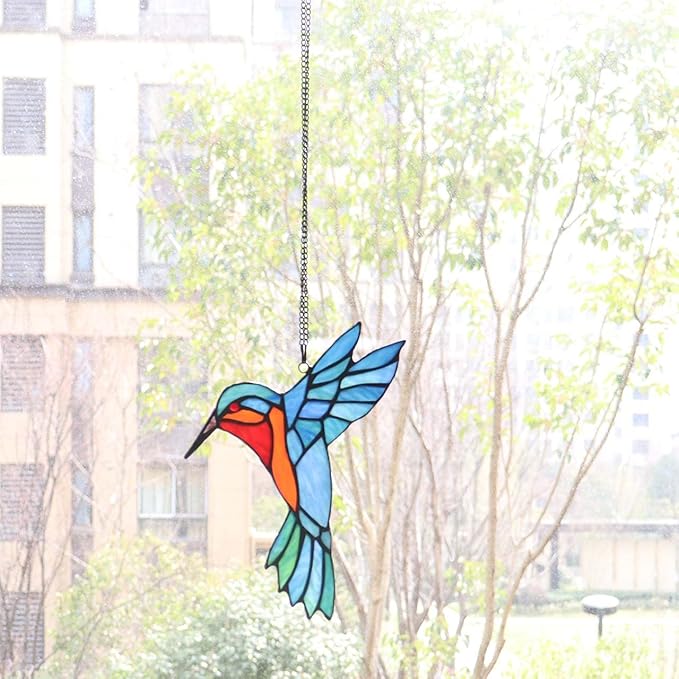 Bieye W10048 Hummingbird Tiffany Style Stained Glass Window Hangings Suncatcher with Chain and Suction Cup Hook (7" W x 6" H)