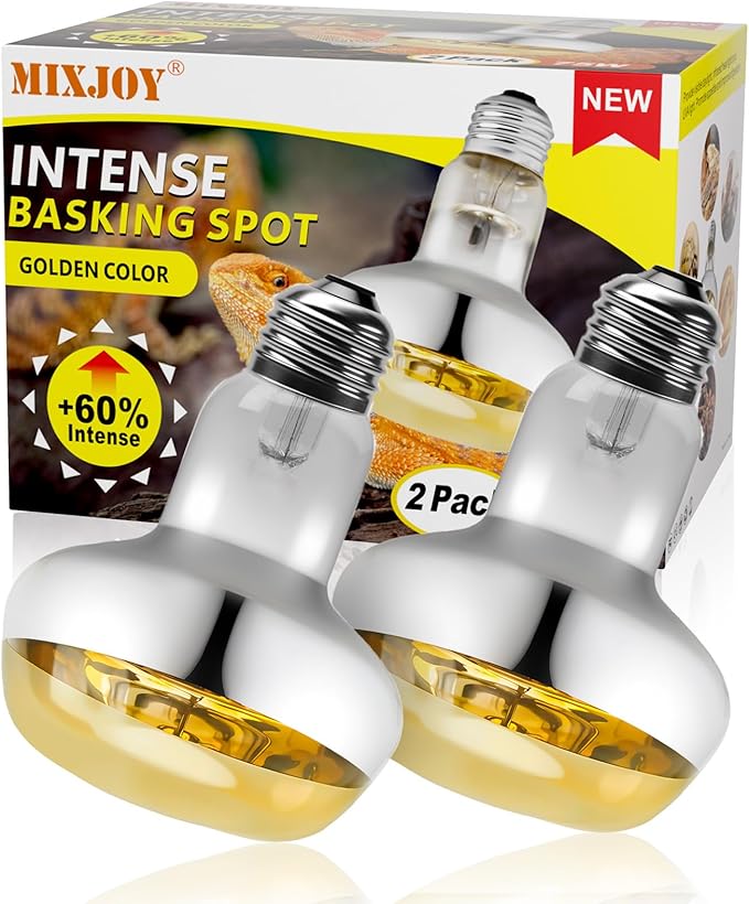 MIXJOY 2Pack 100W Reptile Heat Lamp Bulbs, Upgraded Golden Glass 60% Intense Heat Bulb UVA Daylight Basking Spot Light Bulb for Reptiles, Turtle, Lizard, Tortoise, Bearded Dragon, Gecko, Chicken