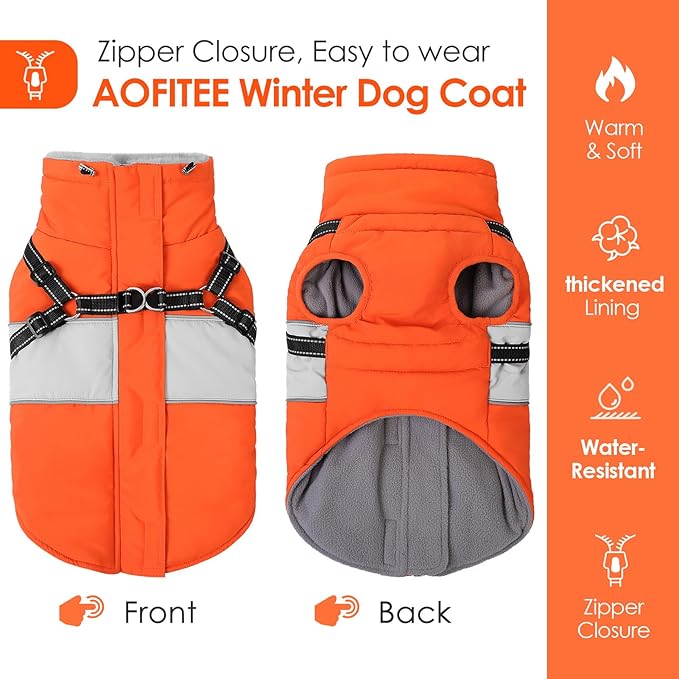 AOFITEE Dog Coat, Large Dog Jacket, Dogs Coat with Harness Built in, Reflective Waterproof Dogs Jackets Winter with Furry Collar, Warm Polar Fleece Pet Sweater Snowsuit for Doberman, Great Dane XXXL