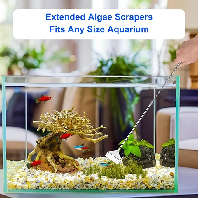 25" Glass Aquariums Algae Scraper - Durable Stainless Steel, Powerfully Remove Stubborn Algae, Professional Fish Tank Cleaner Tools, Includes Sheath, Long Tweezers & 10 Replaceable Blades