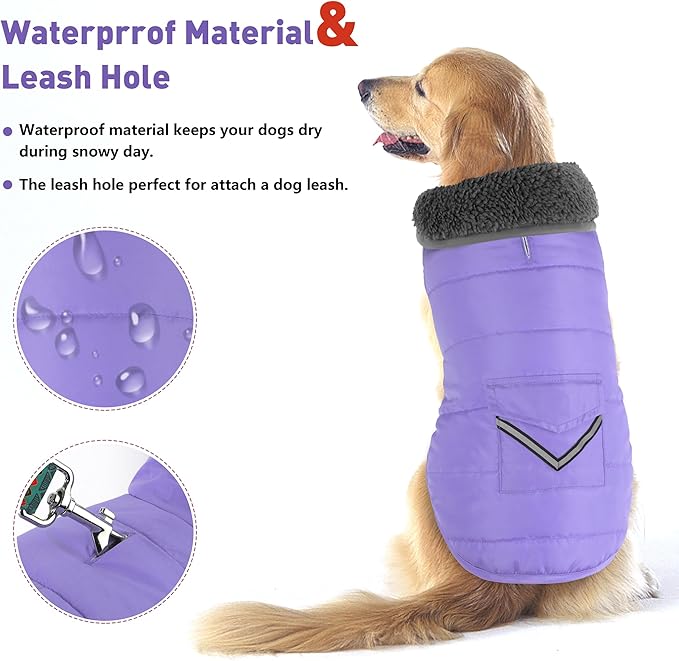 Dog Coat, Waterproof Dog Winter Jacket with Pocket, Reflective Adjustable Pet Snow Vest, Warm Cozy Fleece Sweater for Small Medium Extra Large Dogs - Light Purple, 2XL