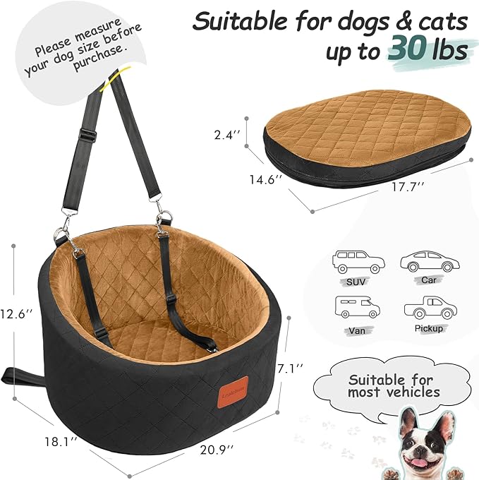 Dog Car Seat for Small Dogs Up to 30 Lbs,Ultra Soft Fabric Fill in Comfy Memory Foam,Happy Pet Ride,2 Safety Dog Leashes,Fully Detachable and Washable,Anti Slip Base(Black/Coffee)