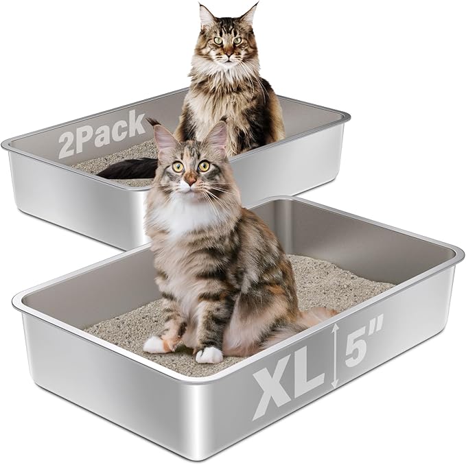 Stainless Steel Litter Box 2 Pack,22.4"x14.56"x5" Deep Stainless Steel Cat Litter Box Extra Large,XL Metal Litterbox for Big Cat, Multiple Cats, Non Stick, Easy to Clean