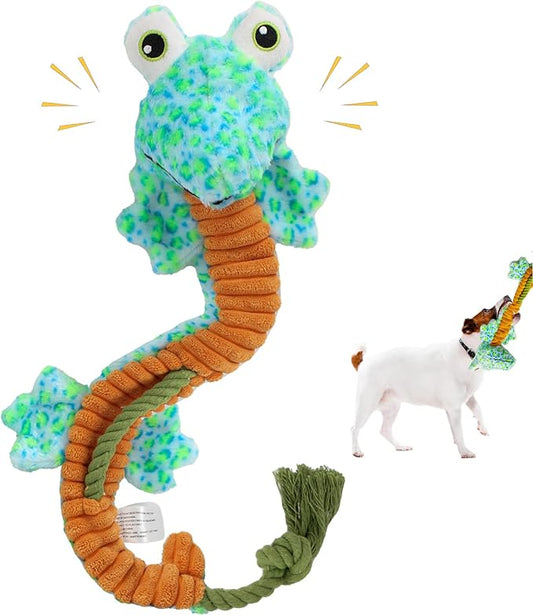 Crinkle Dog Toys Squeaky Plush No Stuffing Cute Puppy Stuffless Tough Rop Pull Toy, Fun Dog Stuffed Animals Durable Chew Set for Small Medium Large Pup (Large, Lizard)