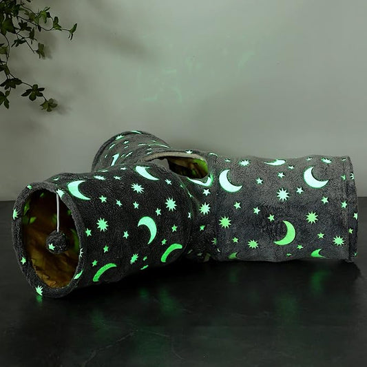 LUCKITTY Cat Tube Tunnel with Plush Ball Toys Collapsible Self-Luminous, for Cat Small Pets Bunny Rabbits, Kittens, Ferrets,Puppy and Dogs Grey Moon Star 3 Way