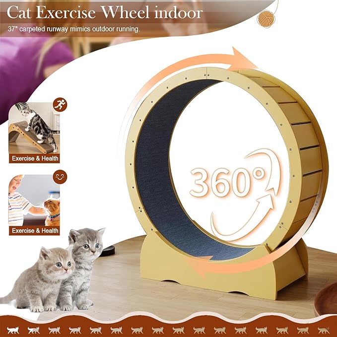 41" Cat Exercise Wheel,cat Wheel Exerciser for Indoor Cats,Running Wheel with Detachable Carpeted Runway,Natural Solid Wood Sturdy Running Wheel for Running/Training/Walking