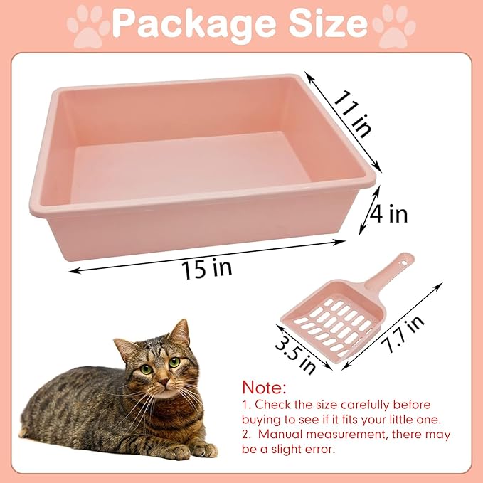 Kathson 3PCS Medium Open Cat Litter Box with Scoop, Durable Non-Stick Plastic Litter Pan for Cats, Puppies, Bunnies, and Small Animals, 15 x 11 x 4 Inches