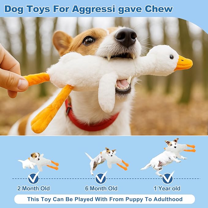 Dog Toys for Aggressive Chewers, Goose Chew Toy for Dogs, Squeaker Crinkle Plush Toy, Tough Interactive Dog Chew Toys, White