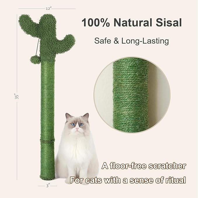 Wall Mounted Cat Scratcher – 35" Extra Tall Vertical Sisal Scratching Post with Cactus Design & Hanging Ball Toy, Space-Saving Cat Wall Climber for Indoor Cats, Green