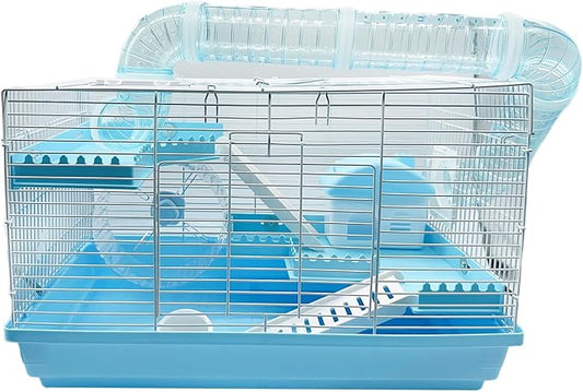 Tfwadmx Dwarf Hamster Cage Small Hamster Habitat Mouse Home Small Animal Cage with Tube Exercise Wheel Hut Rat Habitat for Gerbils Mice 18.5“x11.8”x11.8“ Blue