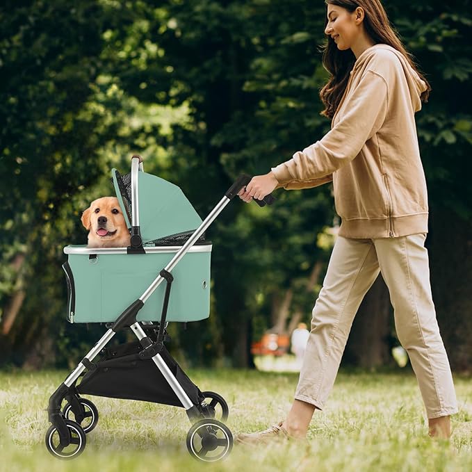 MoNiBloom Pet Stroller for Small/Medium Dogs w/Detachable Carrier & Lightweight Aluminum Frame, Folding Jogging Travel Stroller, Mint Green