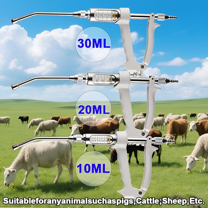 20ML Veterinary Metal Feeding Gun, Continuous Drench Gun Dosing Device Veterinary Adjustable Medicine Dispenser Husbandry Autonomous Feeding Tool, for Pig Cow, Sheep, Horse (White Color, 20ML+Kettle)