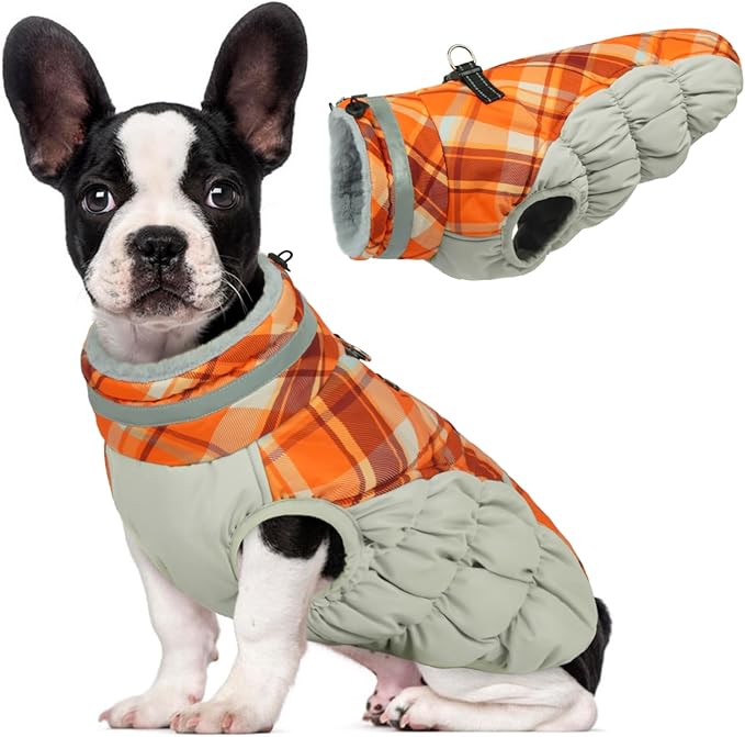 Lelepet Dog Coat Warm Dog Winter Coat Waterproof Dogs Jacket with Harness Built in Reflective Pet Fleece Vest Zip-Up Cold Weather Coats for Medium Dogs Turtleneck & Windproof Dachshund Orange Plaid M