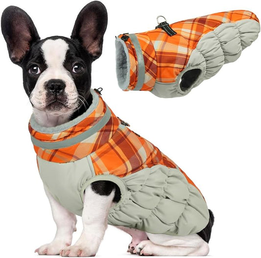 Lelepet Dog Coat Warm Dog Winter Coat Waterproof Dogs Jacket with Harness Built in Reflective Pet Fleece Vest Zip-Up Cold Weather Coats for Dogs Turtleneck & Windproof Coats Chihuahua Orange Plaid XS
