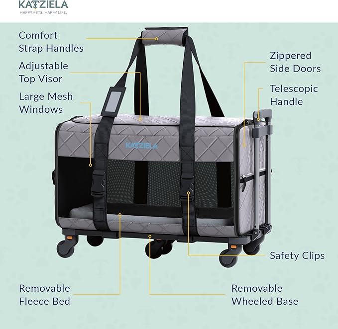 Pet Carrier Airline Approved - Dog Carrier with Wheels - TSA Airline Approved Dog Carrier - Rolling Pet Carrier with Wheels for Small to Medium Size Cat or Dog - Airplane Cabin Animal (Dark Grey)