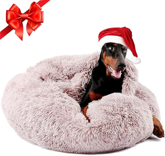 Himax Dog Beds for Large Dogs, Donut Dog Bed with Blanket Attached, Calming Dogs Beds Washable (20"/26"/35") Beige