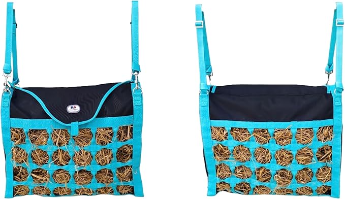 Majestic Ally Animal Health Hay Bag for Horses, 2.5" Holes, Top Load, Travel Feeder, Reduces Waste, 1 Year Warranty, Multiple Colors (Turquoise-Black)