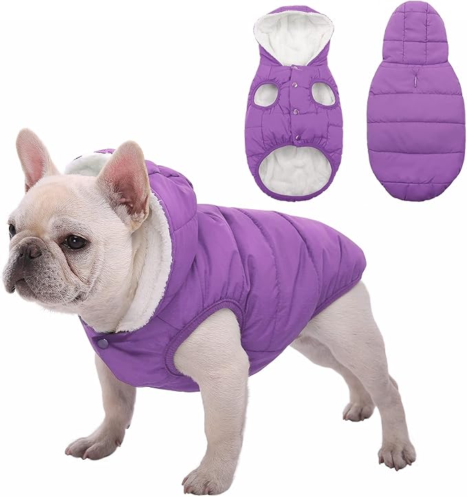 Fleece Hoodie, Windproof Waterproof Dog Coat, Winter Warm Jacket, Cold Weather Pet Apparel Clothes Vest for Small Medium Large Dogs (2XL, Purple)