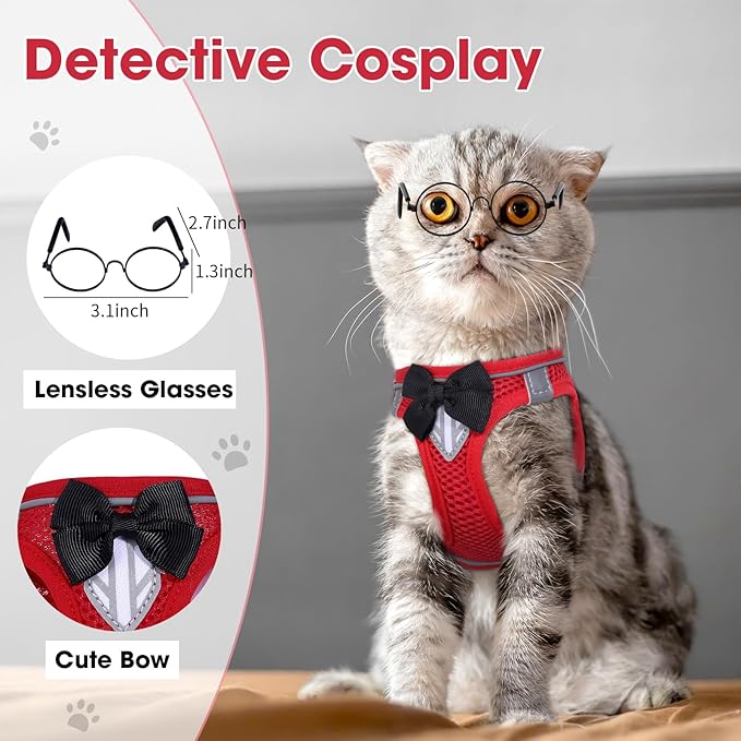 Cat Vest Harness and Leash Set for Walking, Escape Proof, Adjustable Kitten Harness, Breathable Mesh with Reflective Strips, Detective Conan-Inspired Design, Red, XS