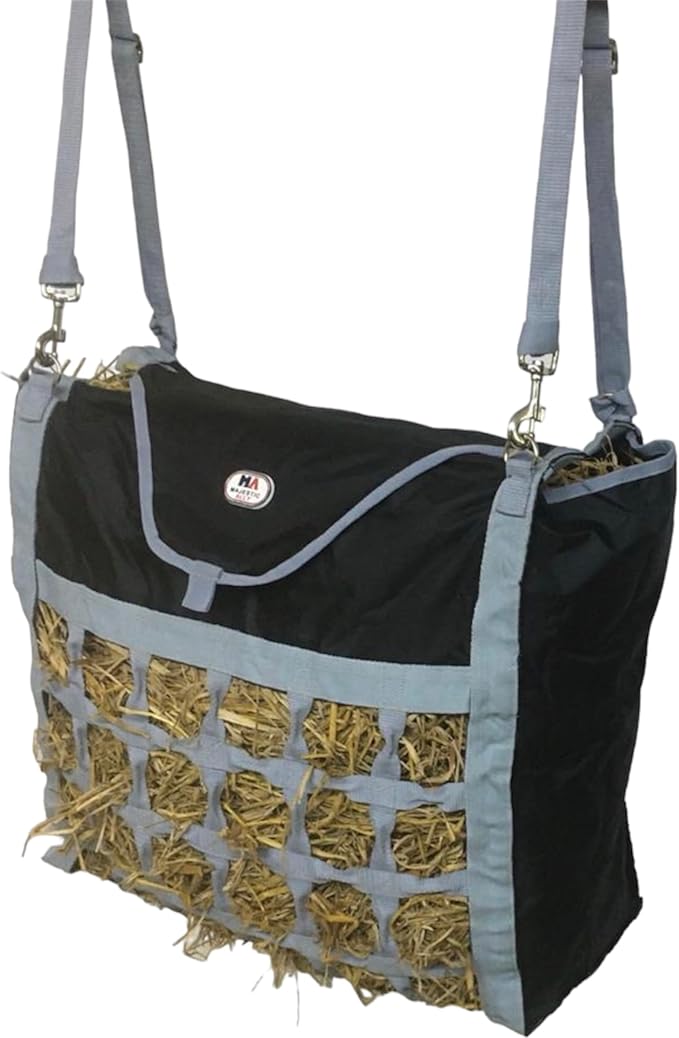 Majestic Ally Animal Health Hay Bag for Horses, 2.5" Holes, Top Load, Travel Feeder, Reduces Waste, 1 Year Warranty, Multiple Colors (Gray-Black)