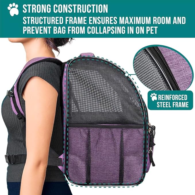 PetAmi Dog Backpack Carrier for Small Large Cat, Pet, Puppy, Ventilated Pet Hiking Backpack Travel Bag, Airline Approved Cat Backpack Carrier, Camping Biking Dog Bag Up to 18lbs Pet, Purple