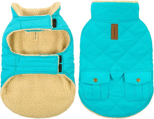 Queenmore Warm Dog Coat, Cold Weather Puffer Dog Coat Vest, Quilting Winter Pet Jacket Ultra Thick Plush Fleece Lining Pet Clothes for Dogs with Storage Pockets (Light Blue, X-Small)