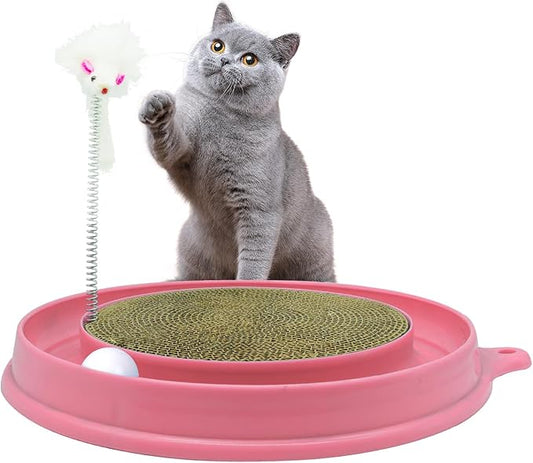 Interactive Cat Scratcher Toy, Round Plastic Scratching Pad with Ball Track & Mouse, Engaging Puzzle for Indoor Adult Cats and Kittens-Pink