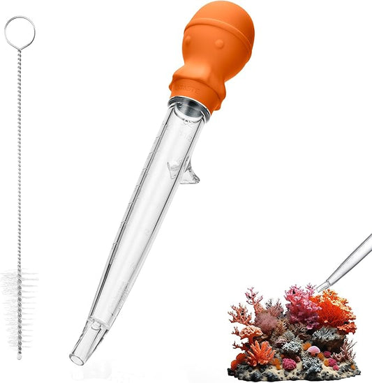 U-Taste Aquarium Pipette Cleaner: 1.5oz Coral Feeder for Fish Tank Cleaning, Manual Feeding Tube, Food Grade Siphon Dropper, Waste Remover with Strong Suction & Stand & Brush (11.98in, Orange)